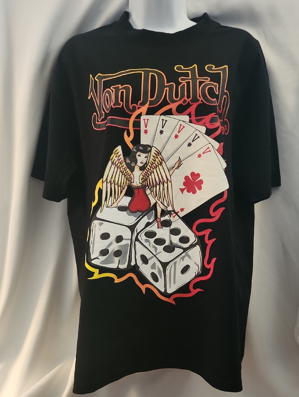 NWT Von Dutch Black Tee with Red & Yellow Graphic Angel Dice
